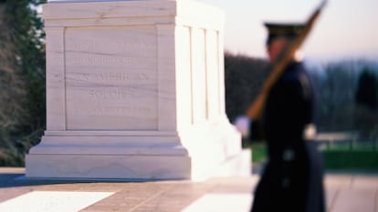 A soldier stands guard at the Tomb of the Unknown Soldier.