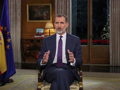 Felipe VI, este lunes durante el discurso de Navidad en el Palacio de La Zarzuela.