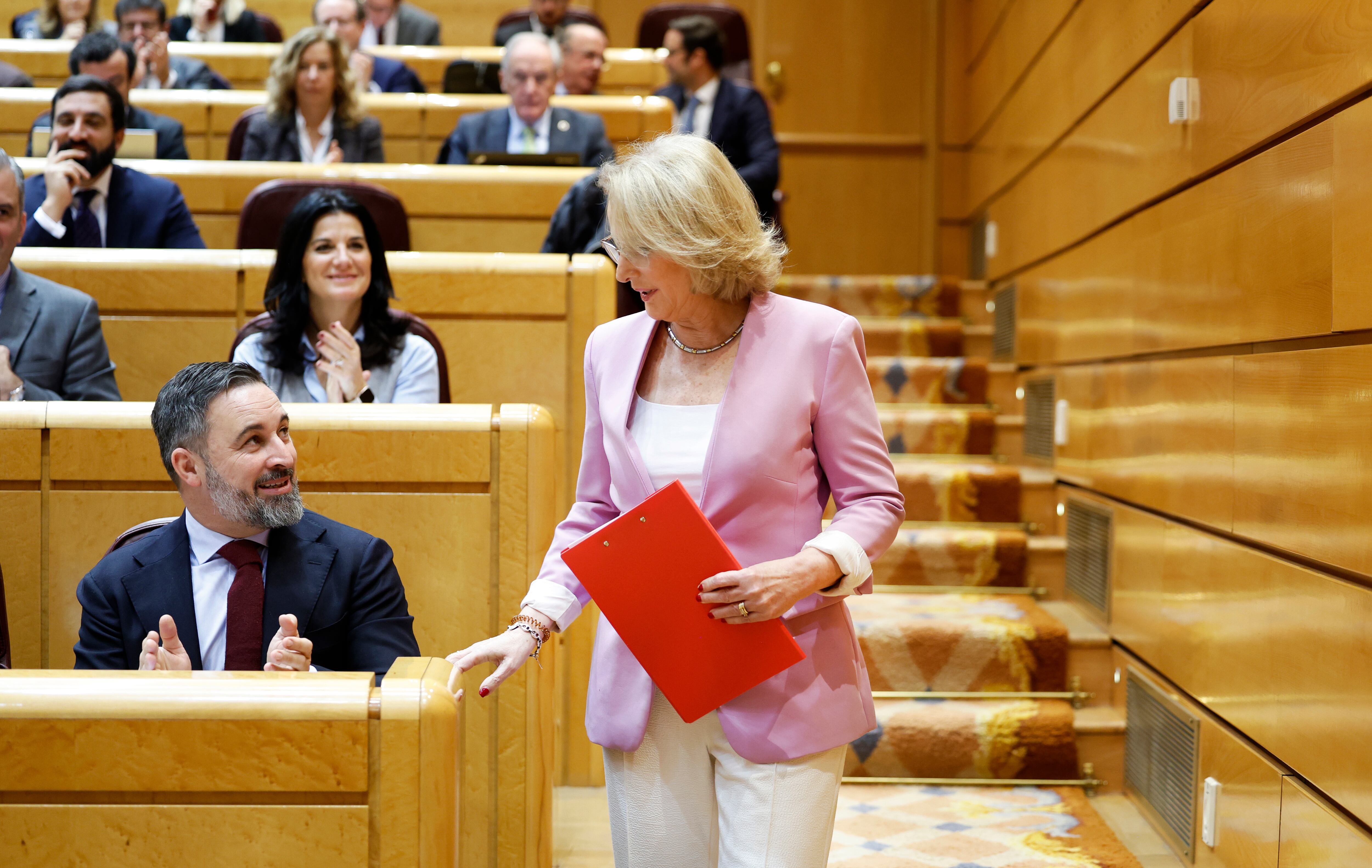 La diputada de Vox Lourdes Méndez Monasterio conversaba con el líder del partido, Santiago Abascal, este jueves.