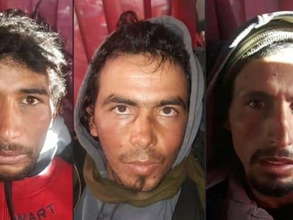Rachid Afatti, Ouziad Younes y Ejjoud Abdessamad, de izquierda a derecha, los tres sospechosos del asesinato de las dos escandinavas detenidos.