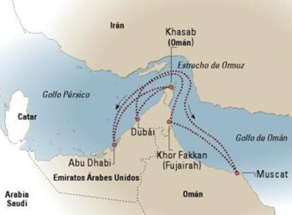 Mapa de los cruceros en el Golfo Pérsico.