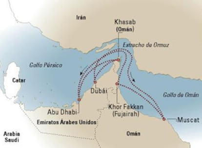 Mapa de los cruceros en el Golfo Pérsico.