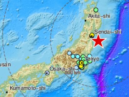 Ubicación del terremoto de este sábado en la costa de Fukushima, en Japón.