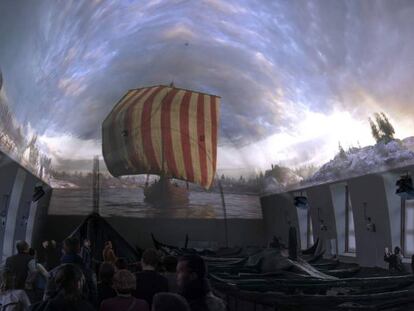 Imagen del audivisual en el museo de los barcos vikingos de Oslo.