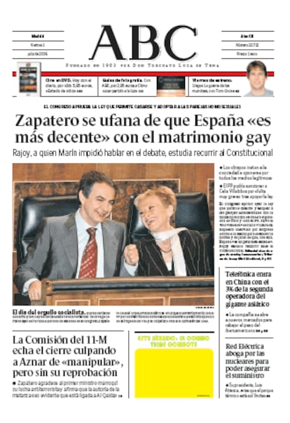 <I>ABC</I> califica de "vuelco a la institución matrimonial" la ley de matrimonio homosexual y critica la "precipitación" de un procedimiento parlamentario que sólo "ha durado seis meses". Considera que  la "fuerte contestación política y ciudadana" debería haberse tenido en cuenta, y rechaza la "adición" del derecho a adoptar que implica unos derechos, los del menor, "preferentes ante cualquier otro".