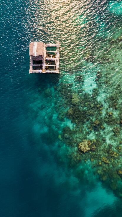 Un pequeño barco para pescar está asentado en medio de un arrecife, en la isla de Daracotan, Filipinas. 