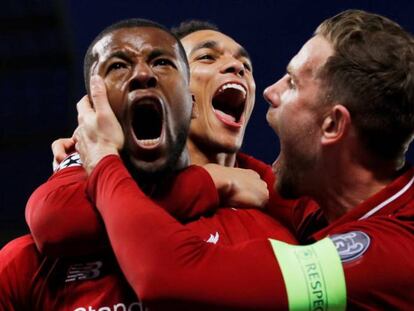 Jugadores del Liverpool, celebrando uno de los goles contra el Barcelona del martes.