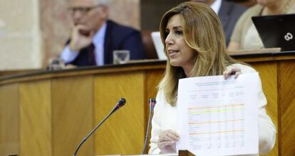 La presidenta de la Junta, Susana D&iacute;az, durante su intervenci&oacute;n en el debate sobre el estado de la comunidad.