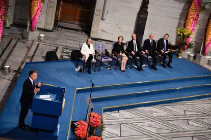 Juan Manuel Santos durante su discurso en la ceremonia de entrega del premio Nobel de la Paz en Oslo.