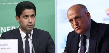 Nasser Al-Khelaifi, presidente del PSG y de Bein Media, y Javier Tebas, presidente de LaLiga