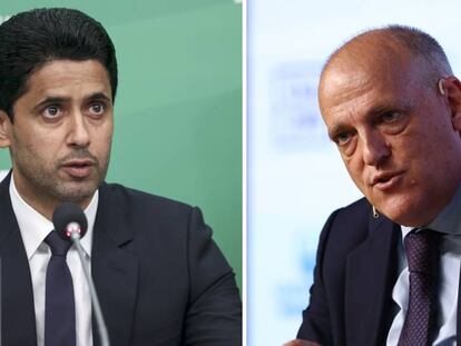 Nasser Al-Khelaifi, presidente del PSG y de Bein Media, y Javier Tebas, presidente de LaLiga