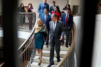 Sen. Lisa Murkowski, R-Alaska, left, and Sen. Joe Manchin, D-W.Va., head to a secure underground facility as lawmakers and intelligence advisers arrive for a closed briefing on the Chinese surveillance balloon that flew over the United States recently, at the Capitol in Washington, Thursday, Feb. 9, 2023.