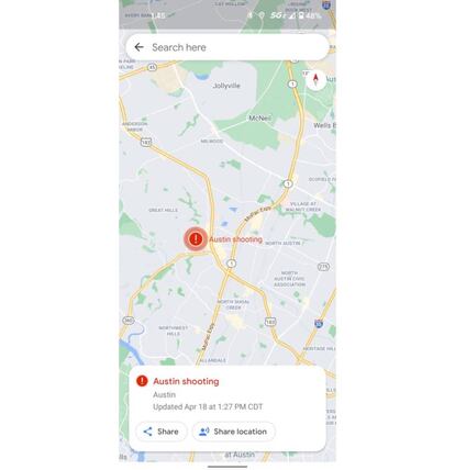 Alertas de tiroteo en Google Maps.