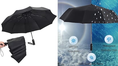 Este modelo de paraguas anti rayos uva se vende en color negro e incorpora diez varillas resistentes.
