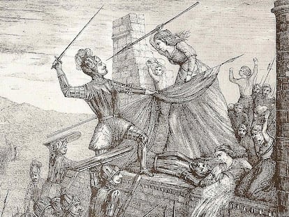 The engraving 'Heroism of María Pita' (1589), by F. Ferrer y Ros. María Pita was a heroine in the defense of A Coruña against the English Armada.