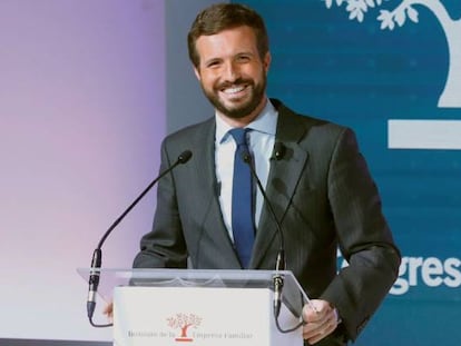 El presidente del PP; Pablo Casado, durante el 23 Congreso Nacional de la Empresa Familiar celebrado este lunes en Casa América, en Madrid.