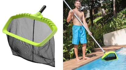 ¿Cómo preparar la piscina para el verano? Este sacahojas tiene un marco de plástico refozado y una red de boca ancha.