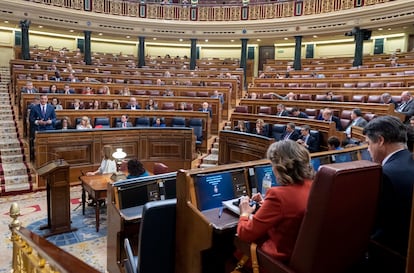 El presidente del Gobierno, Pedro Sánchez (al fondo, en pie), en un pleno del Congreso.