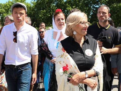 La alcaldesa de Madrid, Manuela Carmena, en la Pradera de San Isidro, este miércoles.
