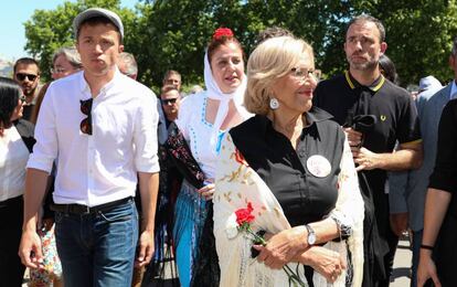 La alcaldesa de Madrid, Manuela Carmena, en la Pradera de San Isidro, este miércoles.