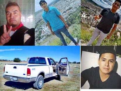 Algunos de los jóvenes wixárikas desaparecidos hace dos semanas en Zacatecas y la camioneta en la que viajaban.