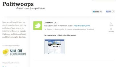 Captura de pantalla de Politwoops, una página que encuentra los tuits eliminados por los políticos.