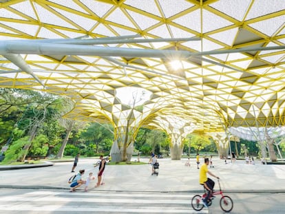 Plaza central del jardín botánico de Perdana, en el Heritage Park de Kuala Lumpur, que cuenta con plantas exóticas, árboles frutales y una colección de hibiscos, entre otros.