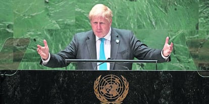 Boris Johnson, primer ministro de Reino Unido, el 22 de septiembre pasado ante la asamblea general de la ONU, en Nueva York.