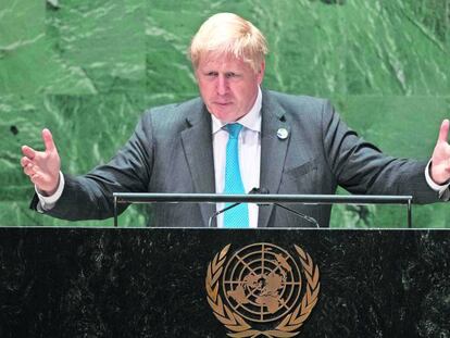 Boris Johnson, primer ministro de Reino Unido, el 22 de septiembre pasado ante la asamblea general de la ONU, en Nueva York.