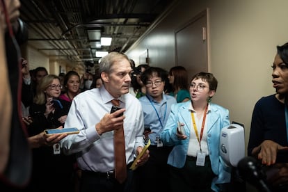 Rep. Jim Jordan arrives to a lunch meeting with members of the Texas Republican Congressional delegation at the U.S. Capitol, October 4, 2023, in Washington, DC.