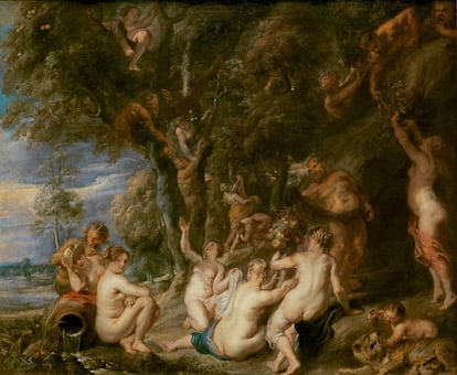 ‘Ninfas y sátiros’, de Pedro Pablo Rubens. Óleo sobre lienzo, 139,7 x 167 cm h. 1615, ampliada y repintada h. 1638-40. Pieza de la colección Prado, demuestra la influencia de Tiziano sobre el pintor flamenco.