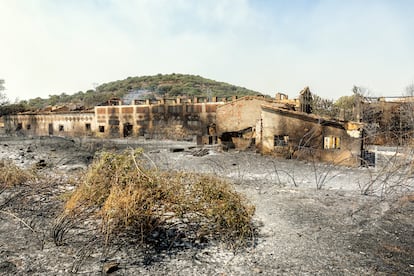 Construcciones afectadas por las llamas en Jarilla (Cáceres), este jueves.