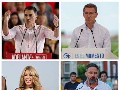 Pedro Sánchez, candidato del PSOE, Alberto Núñez Feijóo del PP; Yolanda Díaz, candidata de Sumar y Santiago Abascal de Vox.