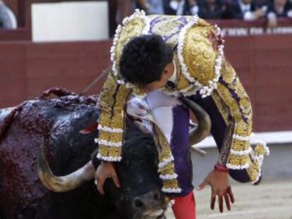 El diestro Sergio Flores, durante el pinchazo que sufri&oacute; al entrar a matar a su primero, en la tercera corrida de la Feria del Arte y la Cultura.