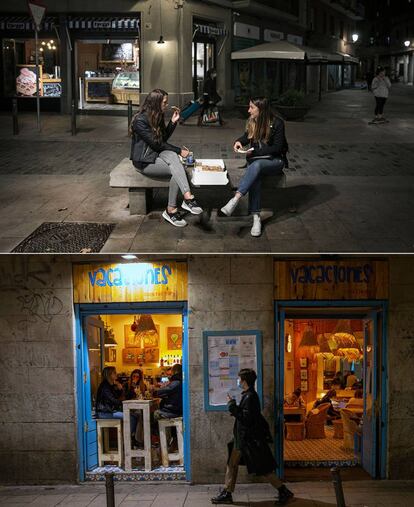 A dalt, dues noies prenen una pizza en un banc al Born. A sota, un bar de copes obert al centre de Madrid.