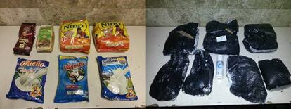 Detenci d'un menor equatori procedent de Guayaquil (Equador), al qual se li van intervenir 7.900 grams de coca?na ocults a l'interior d'uns envasos d'aliments que portava a la maleta de m. En aquesta operaci es va poder detenir un altre ciutad equatori que estava esperant el menor a l'exterior de l'Aeroport per rebre la maleta amb la droga.