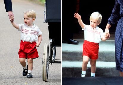 El día del bautizo de Carlota, Kate Middleton quiso hacer un guiño a su marido y vistió al pequeño George con un conjunto muy similar al que lució el duque de Cambridge en 1984.