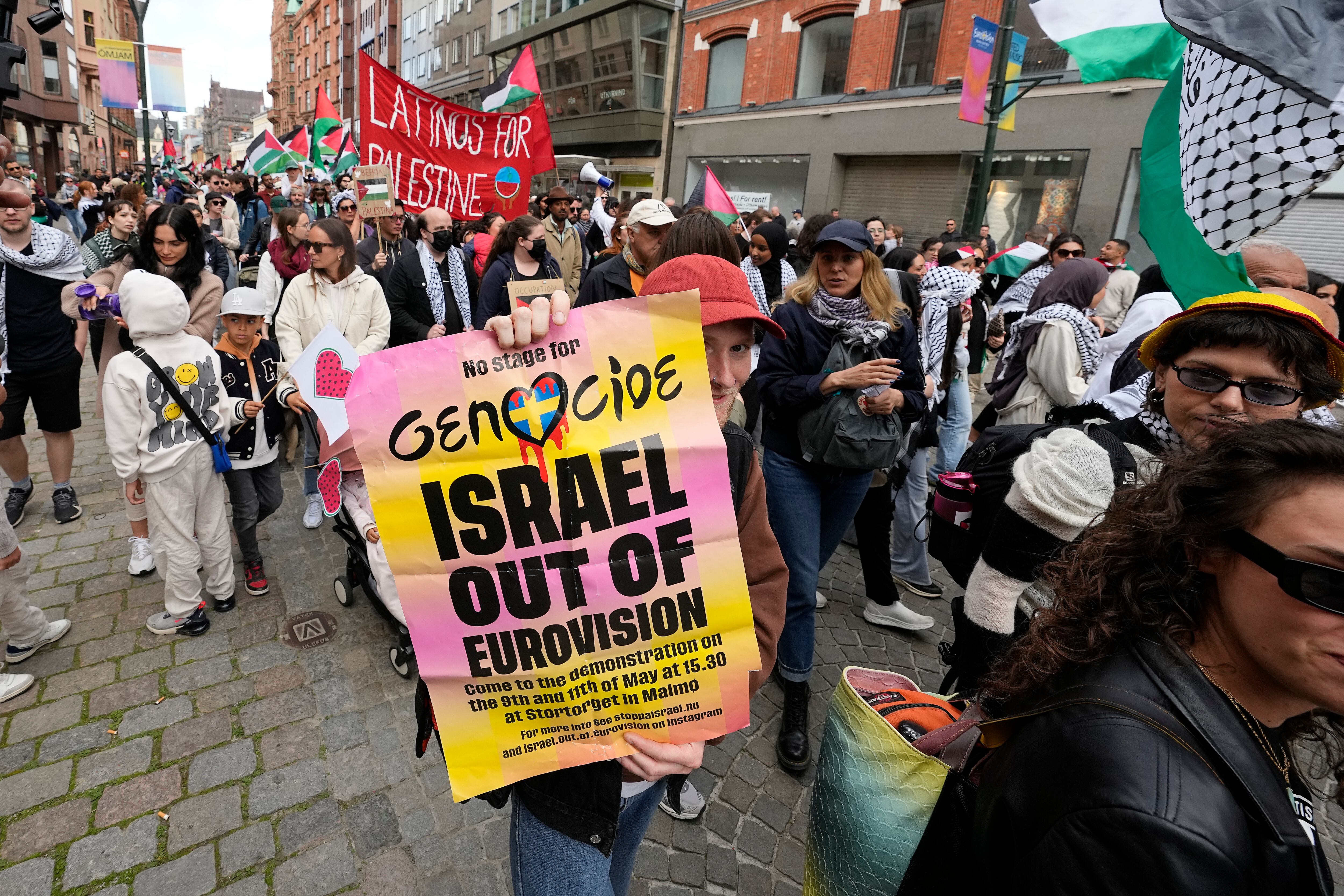 Marcha propalestina en Malmö este sábado horas antes de que empezara la gala.