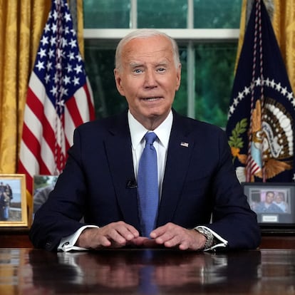U.S. President Joe Biden addresses the nation from the Oval Office of the White House in Washington, Wednesday, July 24, 2024, about his decision to drop his Democratic presidential reelection bid.     Evan Vucci/Pool via REUTERS    Evan Vucci/Pool via REUTERS