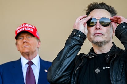 El presidente electo de Estados Unidos, Donald Trump, y Elon Musk, observan el lanzamiento del sexto vuelo de prueba del cohete SpaceX Starship en Brownsville, el 19 de noviembre de 2024.