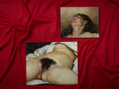 Imagen del cuadro hallado en un anticuario; abajo, reproducci&oacute;n de &#039;El origen del mundo&#039;, de Courbet.