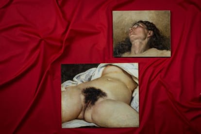 Imagen del cuadro hallado en un anticuario; abajo, reproducción de 'El origen del mundo', de Courbet.