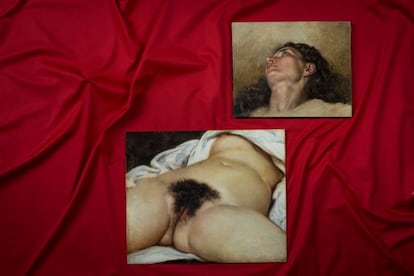 Imagen del cuadro hallado en un anticuario; abajo, reproducci&oacute;n de &#039;El origen del mundo&#039;, de Courbet.