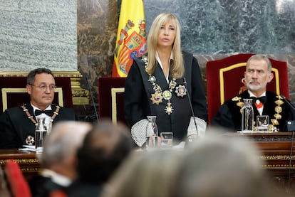 Perelló, durante su intervención este viernes en la apertura del año judicial, en presencia del Rey y de García Ortiz. 