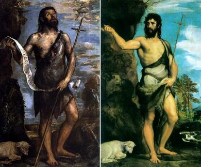 A partir del motivo religioso de &#039;San Juan Bautista&#039; destacan dos versiones pintadas por Tiziano: la de la derecha se conserva en la Gallerie dell&rsquo;Accademia en Venecia y la otra, en El Escorial. 