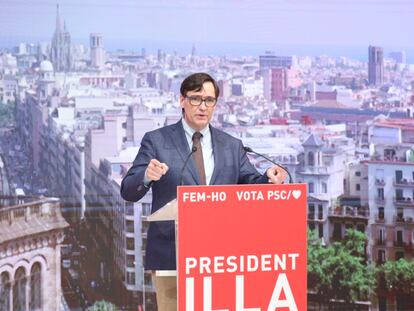 El candidato socialista a las elecciones catalanas, Salvador Illa, durante un acto telemático de campaña.