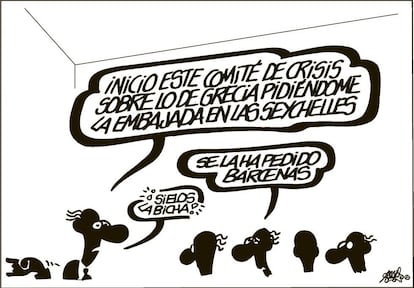 El 25 de enero, el partido de izquierda Syriza, liderado por Alexis Tsipras, ganaba las elecciones en Grecia. El partido reclamaba el fin de las políticas de austeridad de la troika en el país, asfixiado económicamente. El ascenso de Syriza al poder hacía albergar esperanzas a partidos de corte similar en otros países, como Podemos en España, al tiempo que ponía en guardia a partidos conservadores, como imaginaba Forges en su viñeta del 27 de enero.