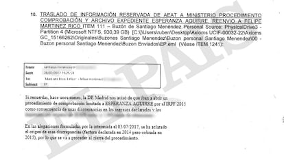 Captura del sumario del 'caso Montoro' que muestra como se enviaba desde la Agencia Tributaria  información fiscal al Director de Gabinete del Ministro. En la imagen, intercambio de información sobre Esperanza Aguirre.