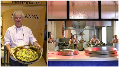 José Luis García-Berlanga con su arroz e verduras recién hecho y la cocina vista de Berlanga.