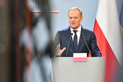 Donald Tusk in an appearance with his Ukrainian counterpart, Denys Shmyhal, on Thursday in Warsaw.